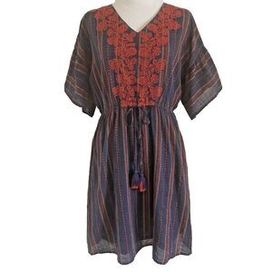Embroidered Boho Indie Dress Navy & Red Flutter Sleeves Mini Size Medium EVELYN